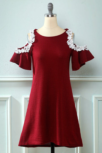 Dark Red Off the Shoulder Knitted Dress with Appliques